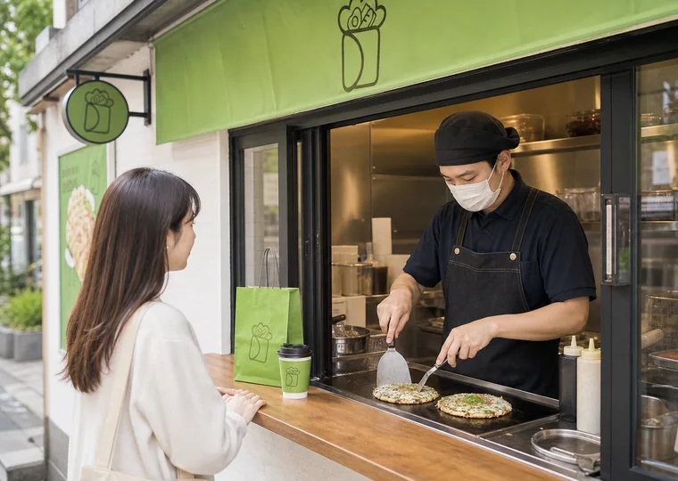 煎餅を焼く店員と待つ客