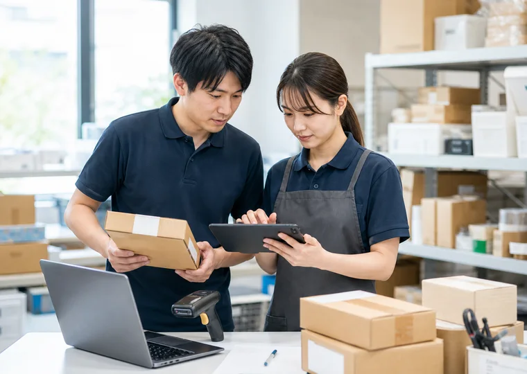 商品と配送内容を確認するスタッフ